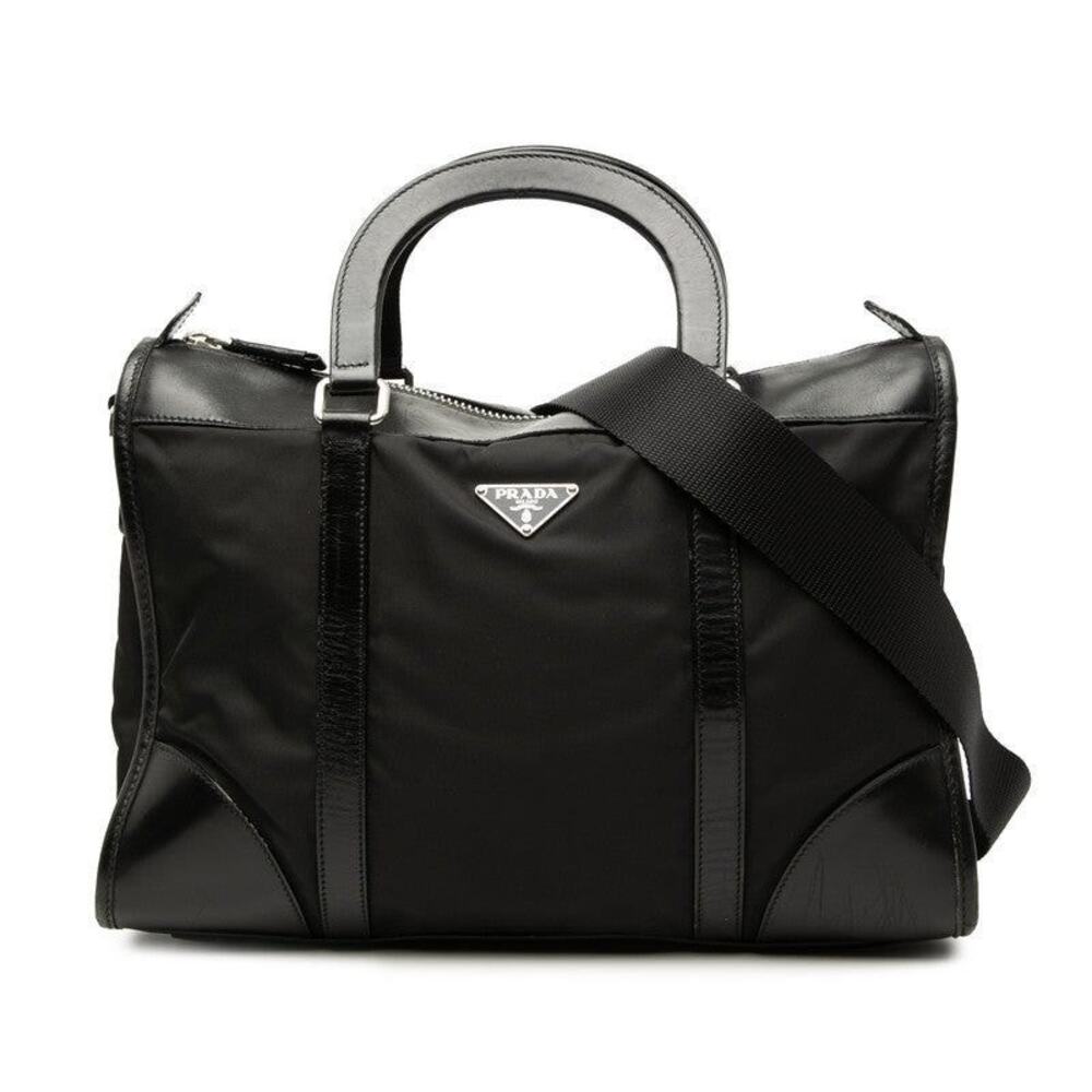Prada Nylon Leather Triangle Logo Plate Handbag Black